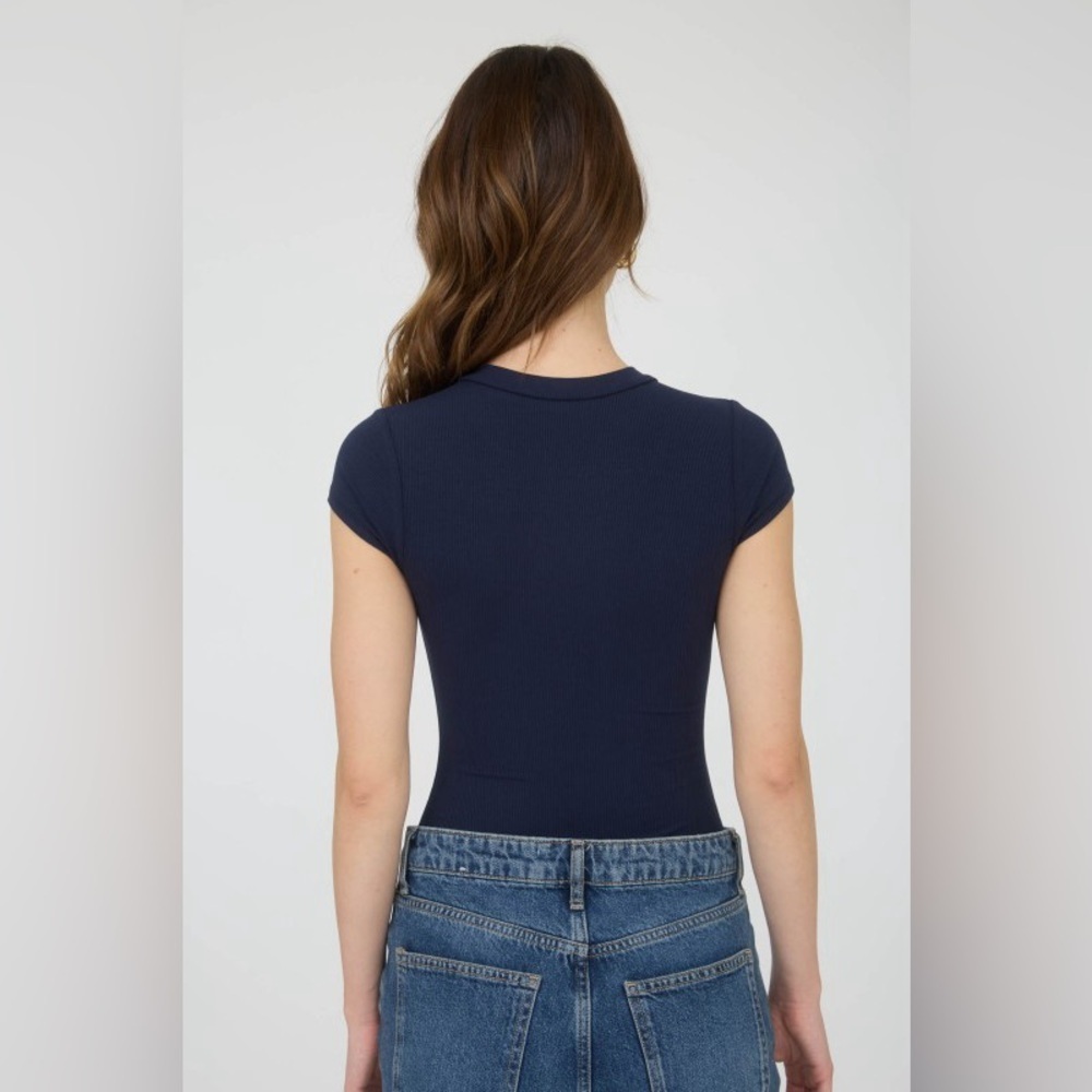 The Workshop Round Neck Short Sleeve Knit Bodysuit In Navy - Picture 4 of 5